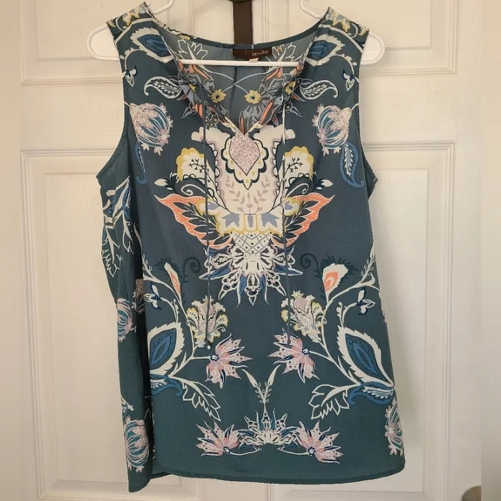 Teal Boho Floral Sleeveless Blouse | Orange & Pastel Accents